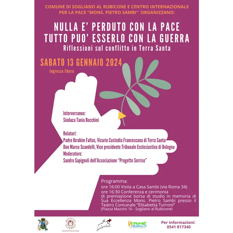 Locandina Conferenza “Riflessioni sul conflitto in Terra Santa” a Sogliano sul Rubicone nel ricordo di Mons. Pietro Sambi