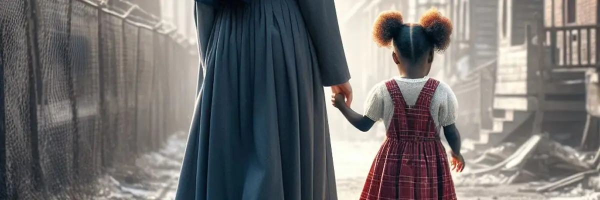 Bambina tenuta per mano da una suora