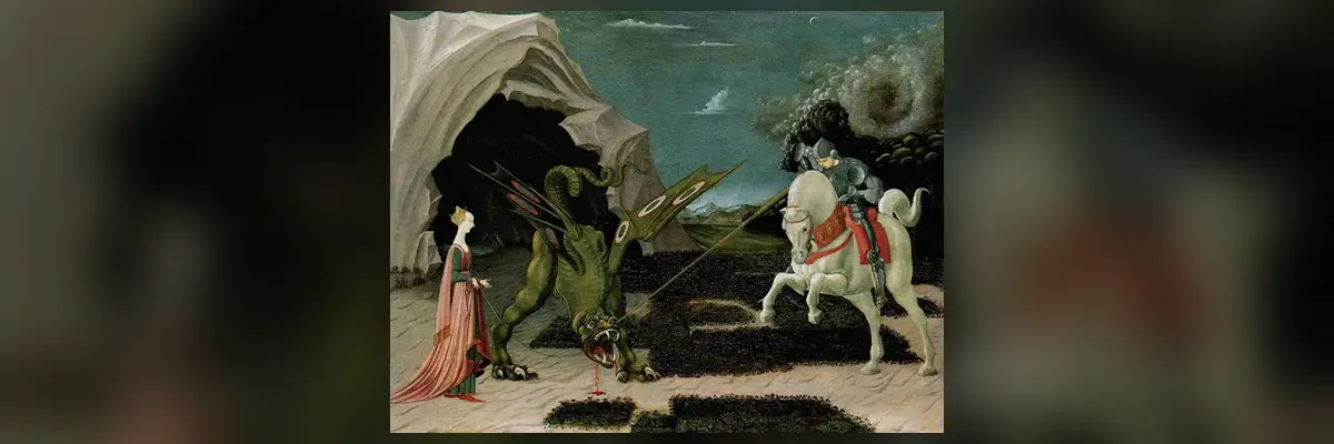 Dipinto "San Giorgio e il drago". Olio su tela (57×73 cm) di Paolo Uccello