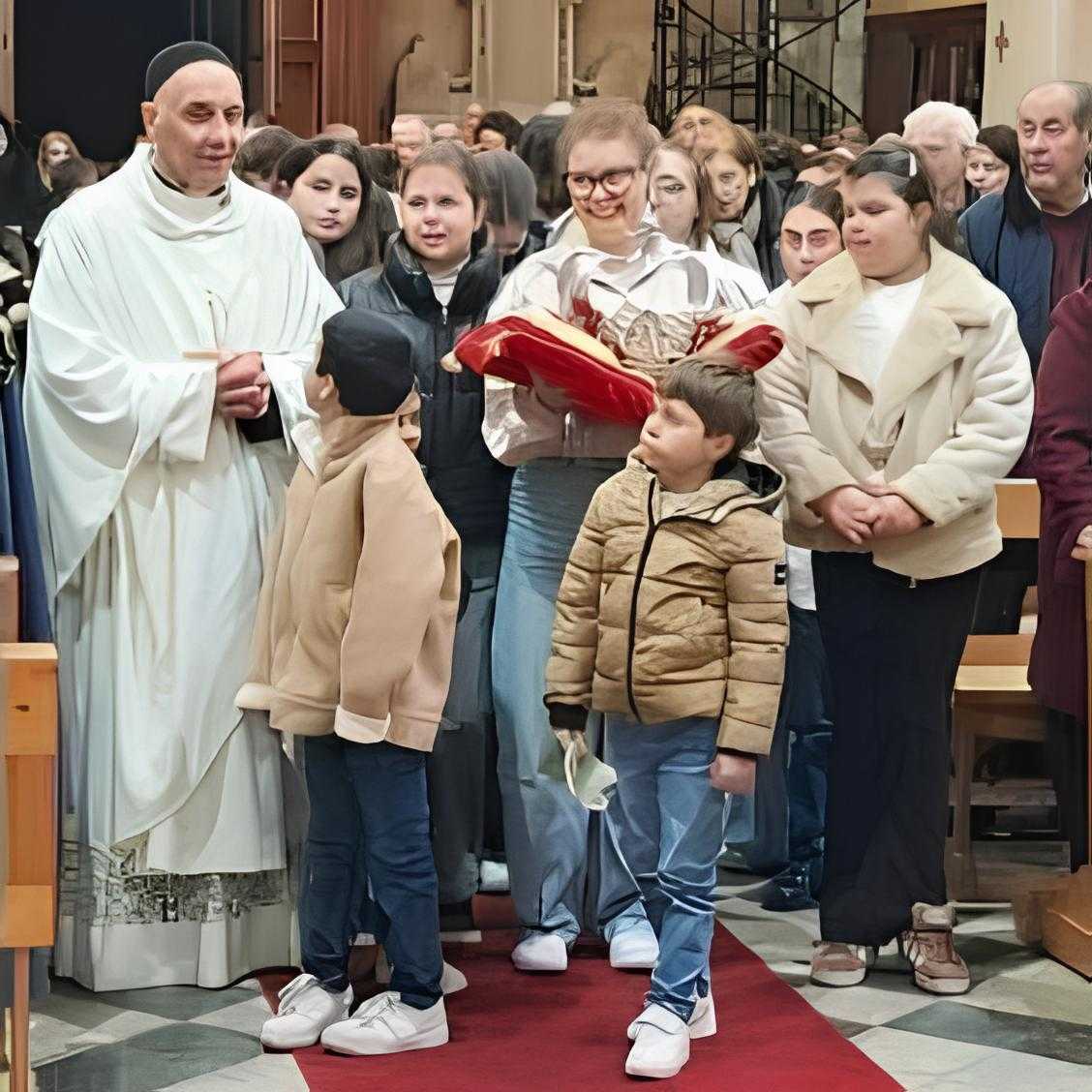Parroco, fedeli con la corona e bambini